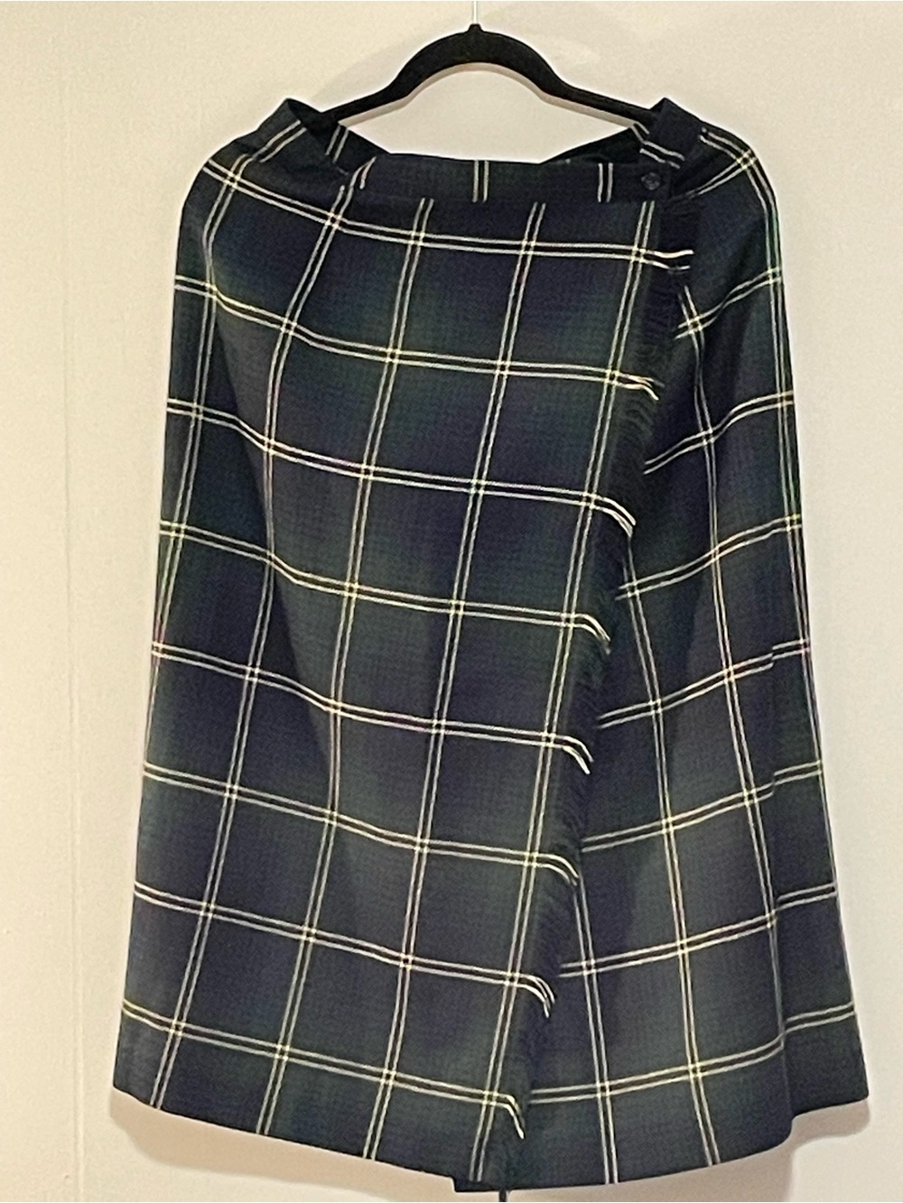Plaid A-Line Wrap Skirt in Dark Green and Black. Item # 11518